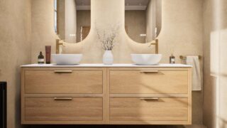 Modern wastafelmeubel 200 cm massief naturel eiken met twee lades en solid surface met 2 waskommen