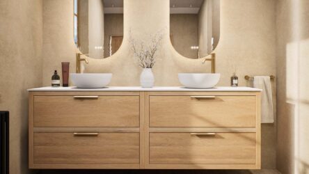 Modern wastafelmeubel 200 cm massief naturel eiken met twee lades en solid surface met 2 waskommen