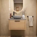 Modern naturel eiken badkamermeubel 70 cm met enkele lade, vlak front en grijs limestone blad met witte waskom
