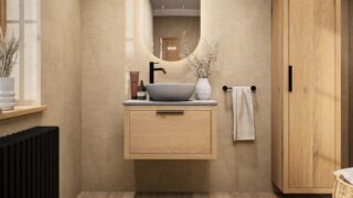 Modern naturel eiken badkamermeubel 70 cm met enkele lade, vlak front en grijs limestone blad met witte waskom