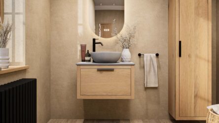 Modern naturel eiken badkamermeubel 70 cm met enkele lade, vlak front en grijs limestone blad met witte waskom