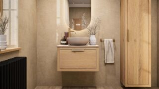 Hangend naturel eiken badkamermeubel 70 cm met één lade en beige limestone wastafel