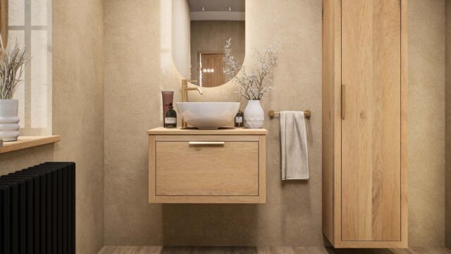 Modern naturel eiken badkamermeubel 70 cm met enkele lade, vlak front en massief eiken blad met witte waskom
