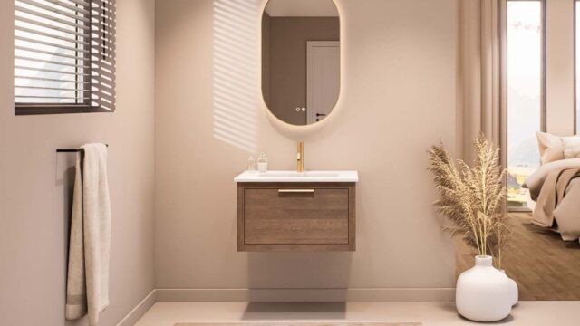 Hangend modern badmeubel 70 cm in massief donker eiken met vlak front en keramische wastafel