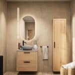 Modern naturel eiken badkamermeubel 70 cm met dubbele lade, vlak front en grijs limestone blad met witte waskom