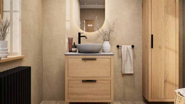 Modern naturel eiken badkamermeubel 70 cm met dubbele lade, vlak front en grijs limestone blad met witte waskom