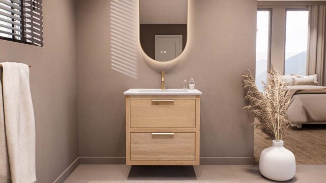 Modern hangend badmeubel 70 cm naturel eiken met vlak front en twee softclose lades