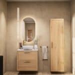 Hangend naturel eiken wastafelmeubel 70 cm met twee lades, vlak front en solid surface waskom
