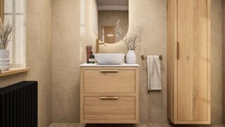 Hangend naturel eiken wastafelmeubel 70 cm met twee lades, vlak front en solid surface waskom