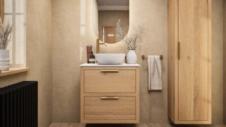 Hangend naturel eiken wastafelmeubel 70 cm met twee lades, vlak front en solid surface waskom