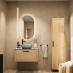 Modern naturel eiken badkamermeubel 80 cm met enkele lade, vlak front en grijs limestone blad met witte waskom