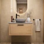 Modern naturel eiken badkamermeubel 80 cm met enkele lade, vlak front en grijs limestone blad met witte waskom