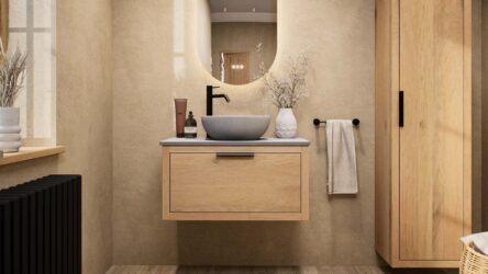 Modern naturel eiken badkamermeubel 80 cm met enkele lade, vlak front en grijs limestone blad met witte waskom