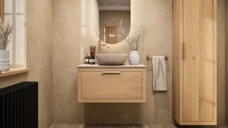 Hangend naturel eiken badkamermeubel 80 cm met enkele lade en limestone blad met witte waskom