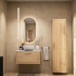 Hangend naturel eiken wastafelmeubel 80 cm met één lade en marmer blad met witte keramische waskom