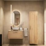 Modern naturel eiken badkamermeubel 80 cm met enkele lade, vlak front en massief eiken blad met witte waskom