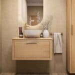 Modern naturel eiken badkamermeubel 80 cm met enkele lade, vlak front en massief eiken blad met witte waskom