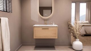 Hangend modern badkamermeubel 80 cm in massief naturel eiken met vlak front en keramische wastafel