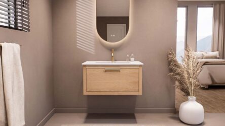 Hangend modern badkamermeubel 80 cm in massief naturel eiken met vlak front en keramische wastafel
