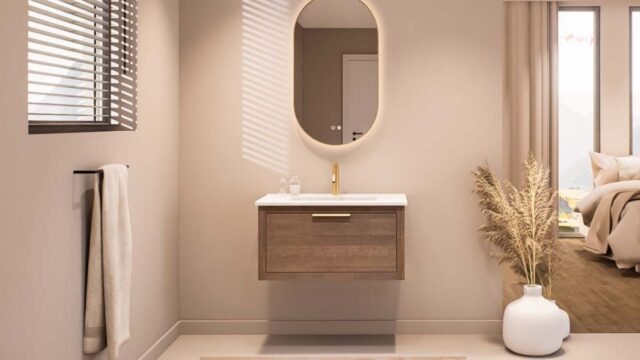 Hangend modern badmeubel 80 cm in massief donker eiken met vlak front en keramische wastafel