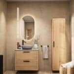 Modern naturel eiken badkamermeubel 80 cm met dubbele lade, vlak front en grijs limestone blad met witte waskom