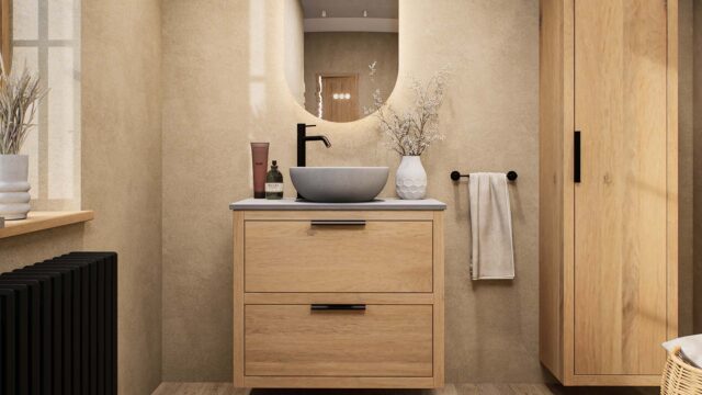 Modern naturel eiken badkamermeubel 80 cm met dubbele lade, vlak front en grijs limestone blad met witte waskom