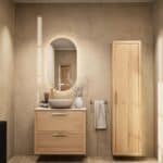 Hangend naturel eiken badkamermeubel 80 cm met dubbele lade en limestone blad met witte waskom