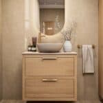 Hangend naturel eiken badkamermeubel 80 cm met dubbele lade en limestone blad met witte waskom