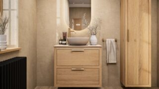 Hangend naturel eiken badkamermeubel 80 cm met dubbele lade en limestone blad met witte waskom