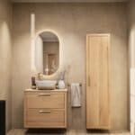 Modern naturel eiken badkamermeubel 80 cm met dubbele lade, vlak front en massief eiken blad met witte waskom