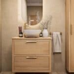 Modern naturel eiken badkamermeubel 80 cm met dubbele lade, vlak front en massief eiken blad met witte waskom