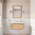 Hangend landelijk eiken badkamermeubel 80 cm met naturel eiken kast en witte keramische wastafel