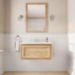 Hangend landelijk eiken badkamermeubel 80 cm met naturel eiken kast en witte keramische wastafel