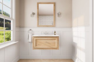 Hangend landelijk eiken badkamermeubel 80 cm met naturel eiken kast en witte keramische wastafel