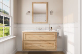 Klassiek hangend eiken wastafelmeubel 120 cm met landelijk front en geïntegreerde enkele wastafel
