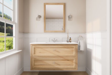 Klassiek hangend eiken wastafelmeubel 120 cm met landelijk front en geïntegreerde enkele wastafel