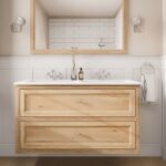 Landelijk badkamermeubel 120 cm naturel eiken met twee lades en dubbele witte keramische wastafel