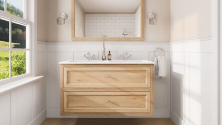 Landelijk badkamermeubel 120 cm naturel eiken met twee lades en dubbele witte keramische wastafel
