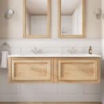 Hangend naturel eiken badmeubel 140 cm met landelijk front en dubbele witte keramische wastafel