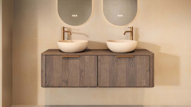 Rond hangend donker eiken badkamermeubel 140 cm met vlak front, eiken blad en beige limestone waskom