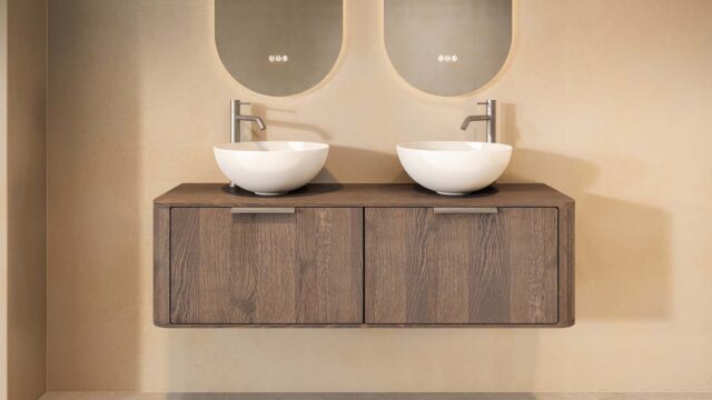 Rond hangend donker eiken badkamermeubel 140 cm met vlak front, eiken blad en glanzend witte keramische waskom