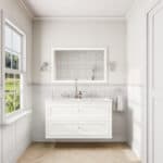 Klassiek wastafelmeubel 120 cm gespoten in All White met keramische wastafel en twee softclose lades, dubbele wastafel