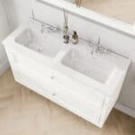 Klassiek wastafelmeubel 120 cm gespoten in All White met keramische wastafel en twee softclose lades, dubbele wastafel