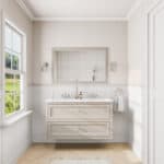 Klassiek wastafelmeubel 120 cm gespoten in Skimming Stone met keramische wastafel en twee softclose lades, dubbele wastafel
