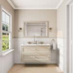 Klassiek wastafelmeubel 120 cm gespoten in Off-White met keramische wastafel en twee softclose lades, dubbele wastafel
