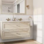 Klassiek wastafelmeubel 120 cm gespoten in Off-White met keramische wastafel en twee softclose lades, dubbele wastafel