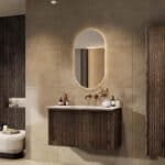 Hangend donker eiken badkamermeubel 100 cm met vlak front, binnenlade en solid surface wastafel