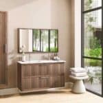 Massief donker eiken badkamermeubel van 120 cm uit de Grooveline-serie, uitgevoerd met twee ruime lades en inclusief een bijpassende keramische wastafel.