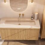 Naturel eiken wastafelmeubel 120 cm met vlak front, binnenlade en geïntegreerde limestone wastafel
