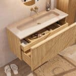 Naturel eiken wastafelmeubel 120 cm met vlak front, binnenlade en geïntegreerde limestone wastafel